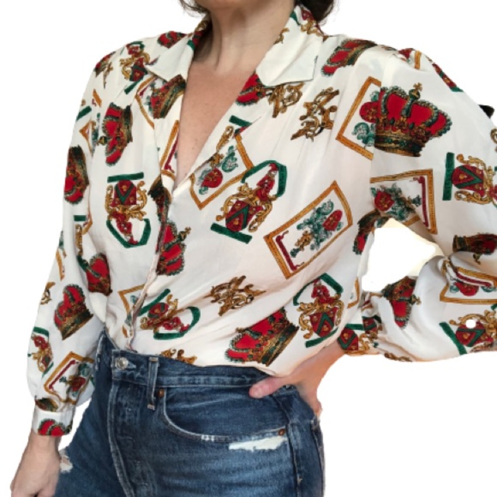 Vintage 80s Medieval Royal Regal Core Crown Monarchy Latin Novelty Blouse L/XL - Picture 5 of 17